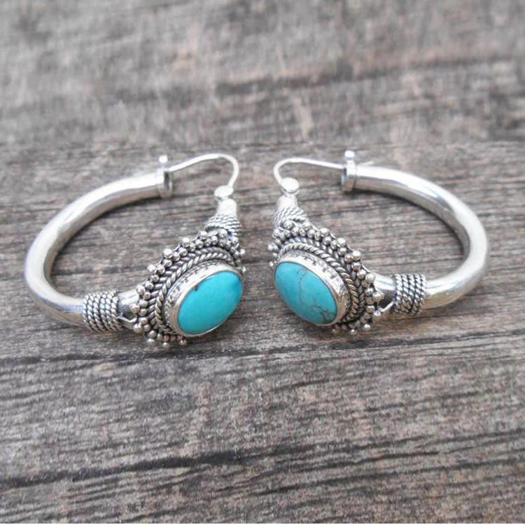 Créoles argent cabochon turquoise perles – Lila