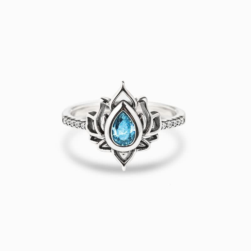 Bague goutte zircon bleu argent lotus – Léo