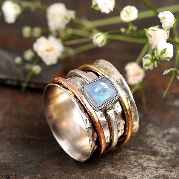 Bague superposée pierre de lune argent or cuivre – Léo