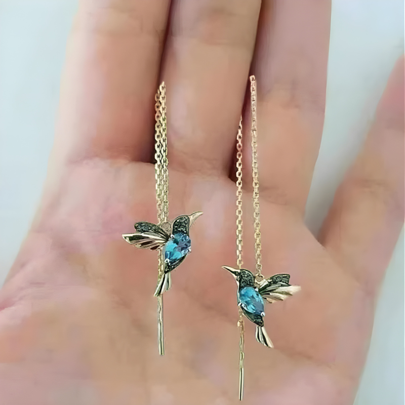 Boucles d'oreilles Pendantes Colibri en émail avec Zircon