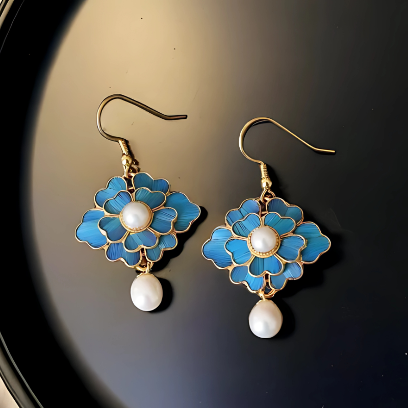 Boucles d'oreilles lotus bleues perles vintage plaqué or
