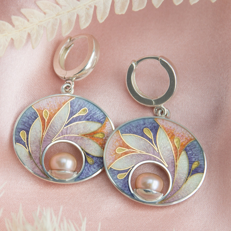 Boucles d'Oreilles en Hoops avec Pierre Résine Florale Peinte Vintage