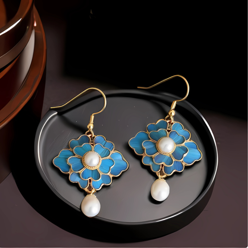Boucles d'oreilles lotus bleues perles vintage plaqué or