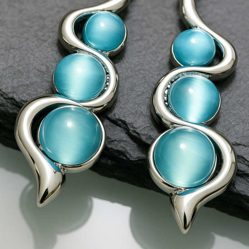 Boucles d'oreilles Pendantes en Forme de Vague avec Pierre Bleue
