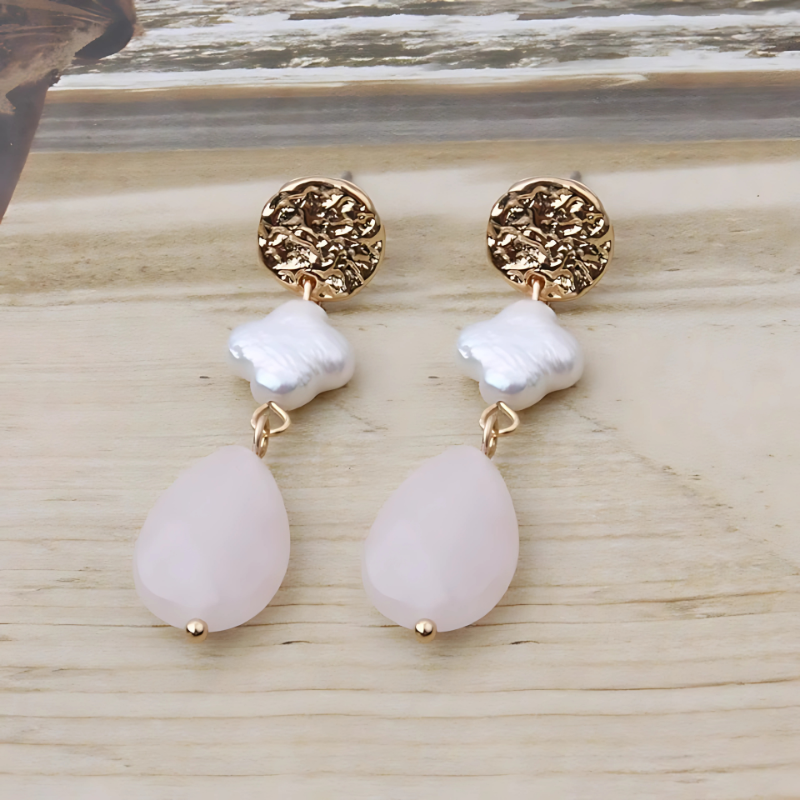 Boucles d'oreilles gouttes perles et pierres plaqué or