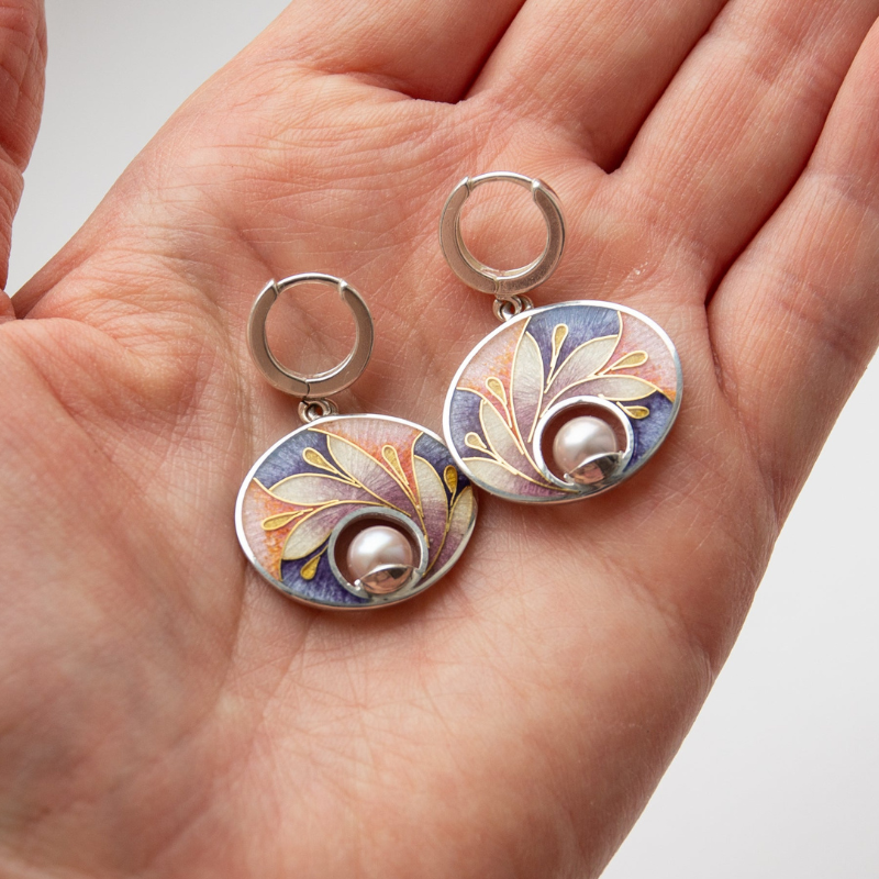 Boucles d'Oreilles en Hoops avec Pierre Résine Florale Peinte Vintage