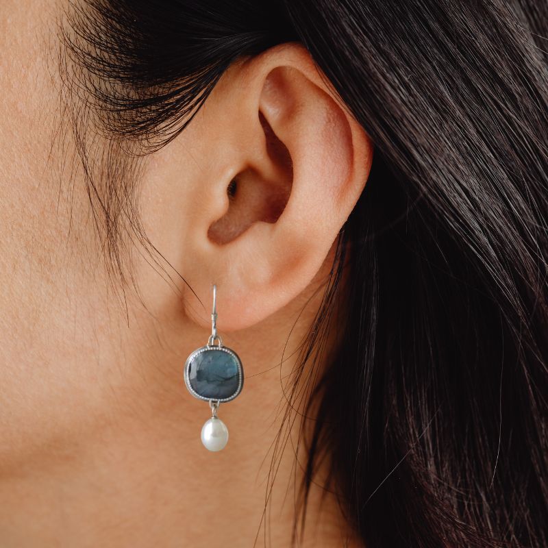Boucles d'Oreilles Vintage en Pierre Précieuse Bleue Argent