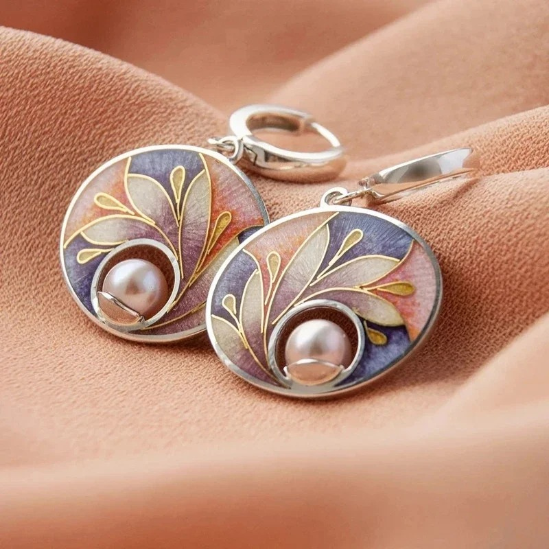 Boucles d'Oreilles en Hoops avec Pierre Résine Florale Peinte Vintage