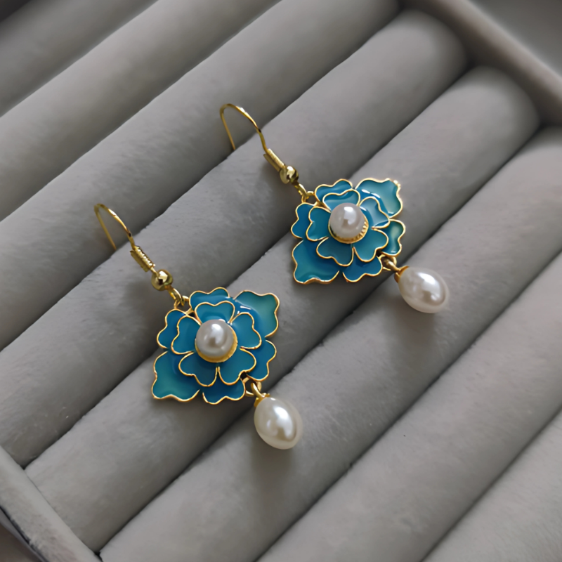 Boucles d'oreilles lotus bleues perles vintage plaqué or