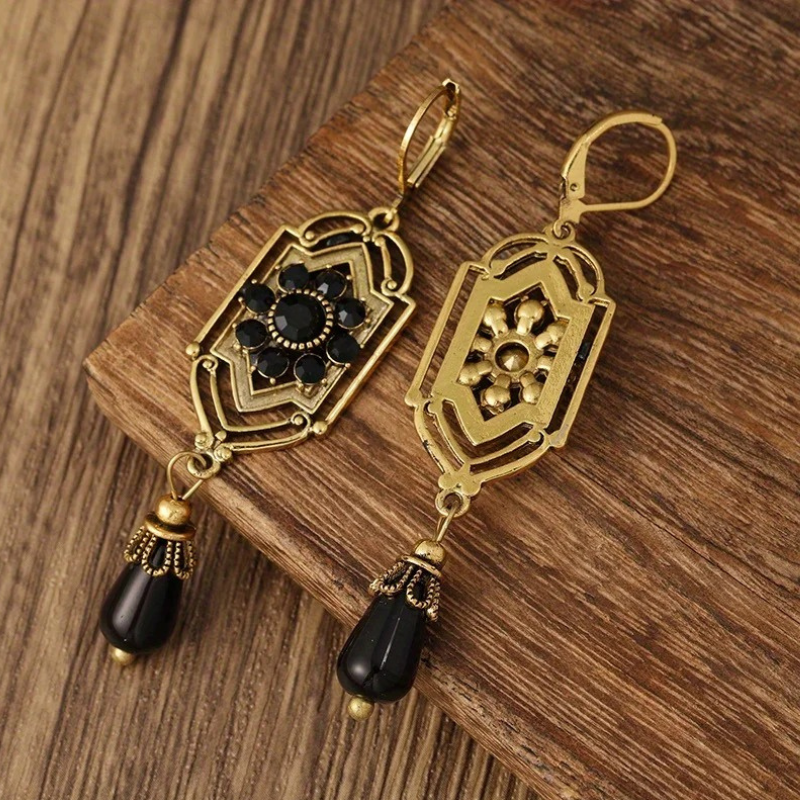 Boucles d'Oreilles Vintage en Cristaux Noirs Suspendus Or