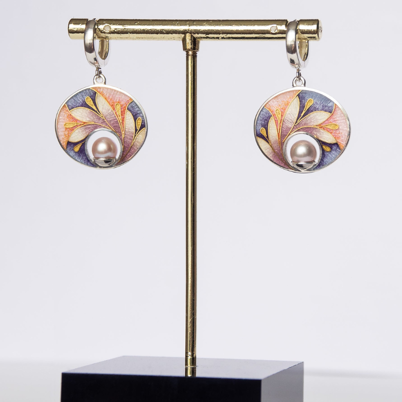 Boucles d'Oreilles en Hoops avec Pierre Résine Florale Peinte Vintage