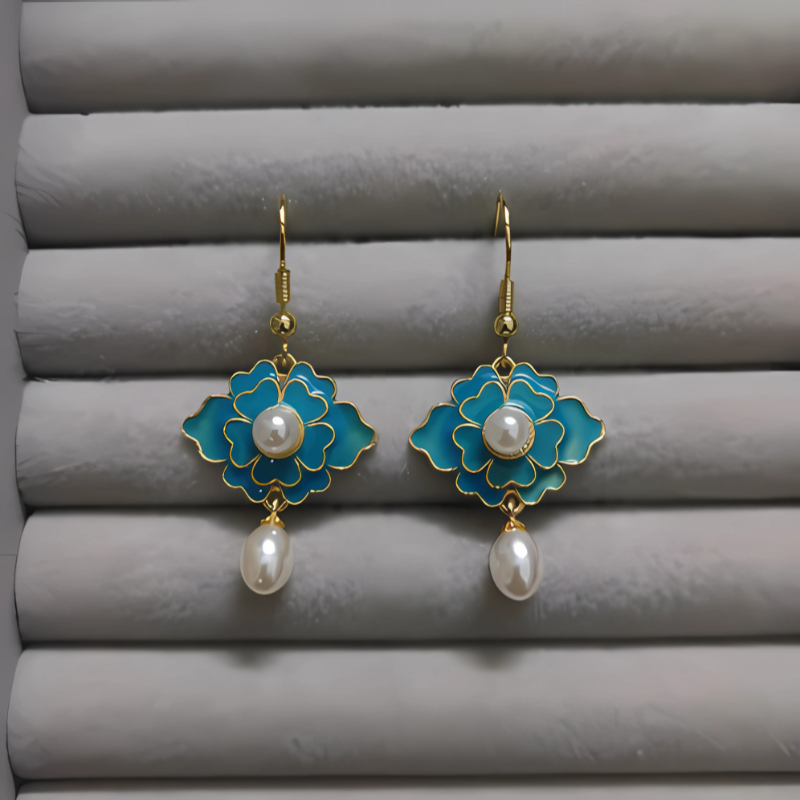 Boucles d'oreilles lotus bleues perles vintage plaqué or