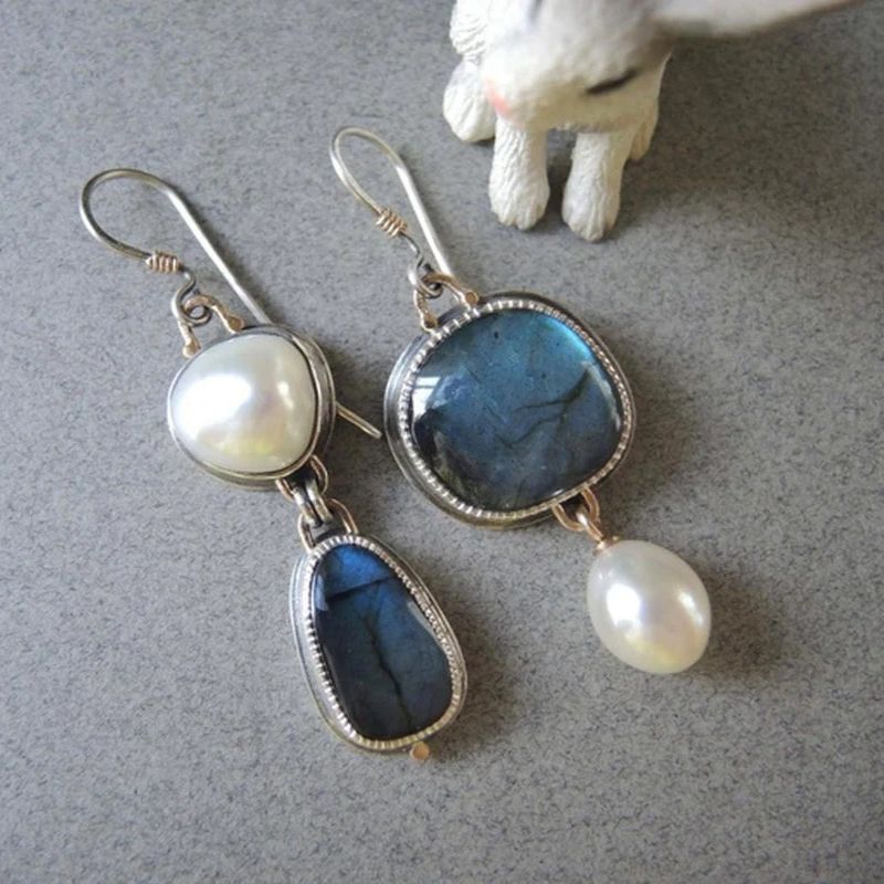 Boucles d'Oreilles Vintage en Pierre Précieuse Bleue Argent
