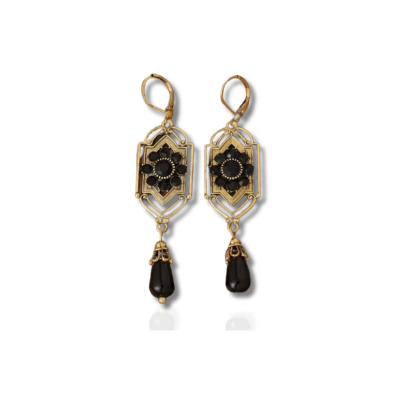 Boucles d'Oreilles Vintage en Cristaux Noirs Suspendus Or