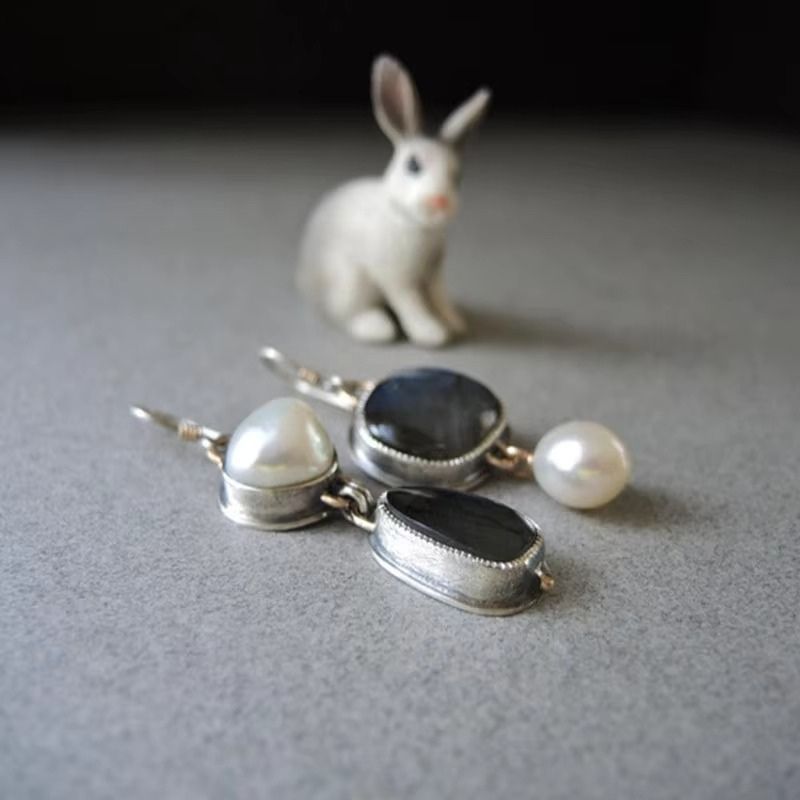 Boucles d'Oreilles Vintage en Pierre Précieuse Bleue Argent