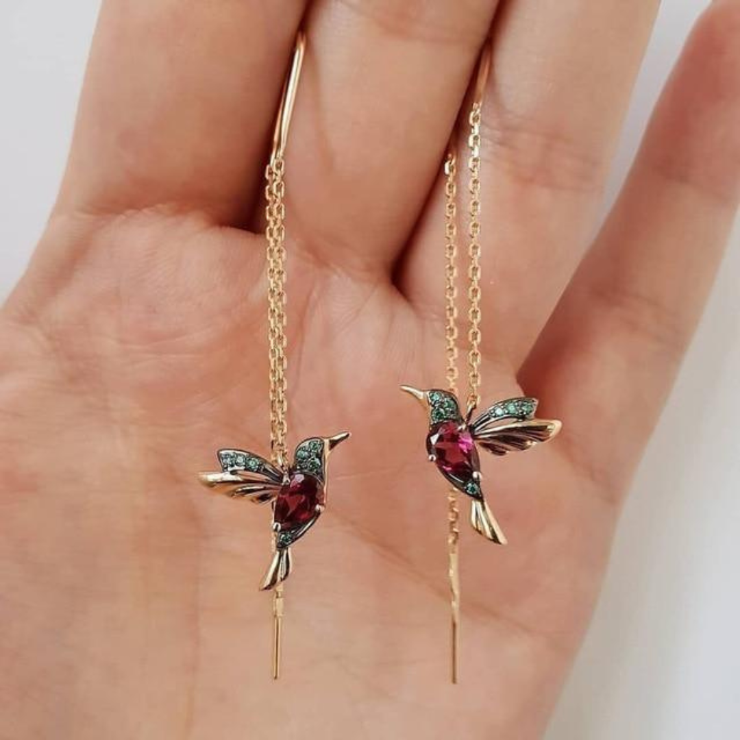 Boucles d'Oreilles Colibri en Émail et Zirconia en Or
