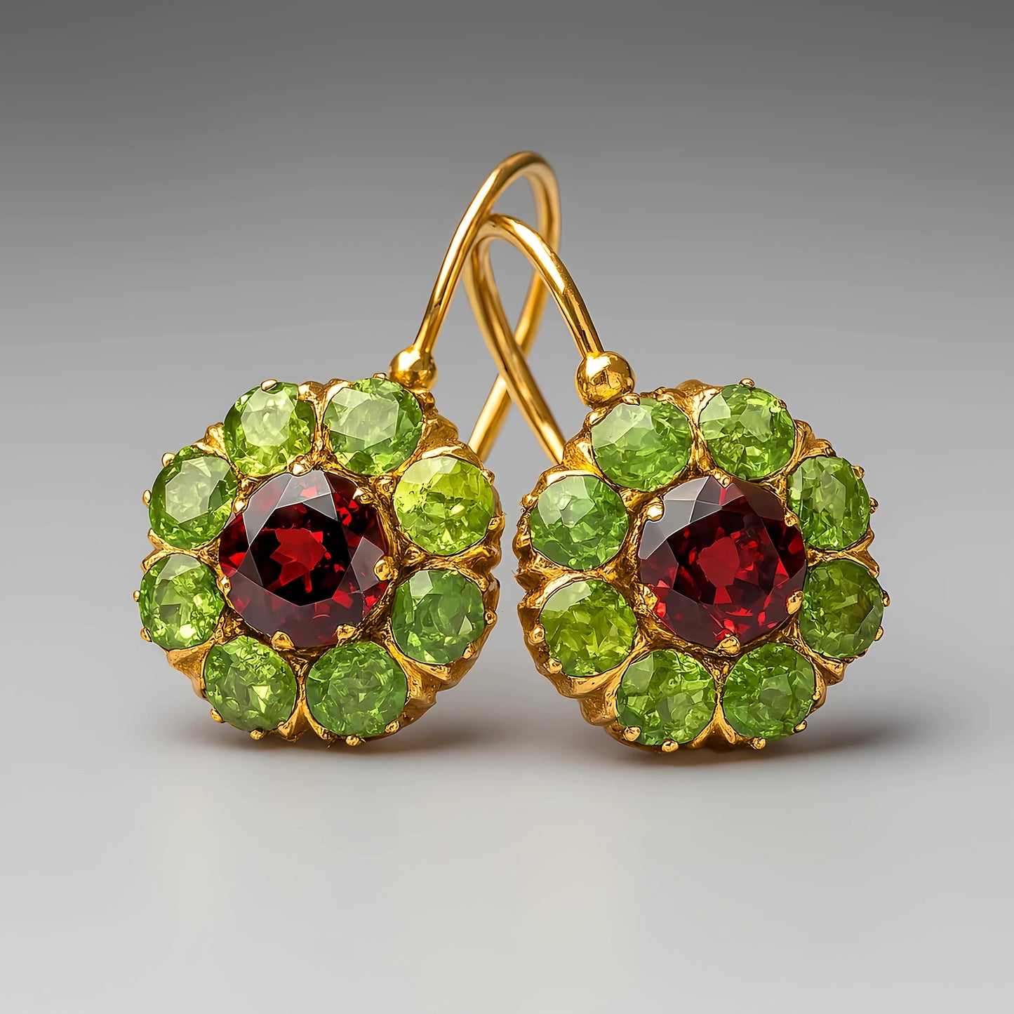 Boucles d'Oreilles Vintage Rondes avec Cristaux Verts et Rouges