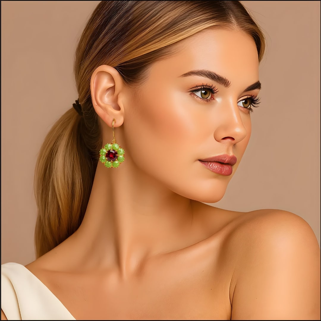 Boucles d'Oreilles Vintage Rondes avec Cristaux Verts et Rouges