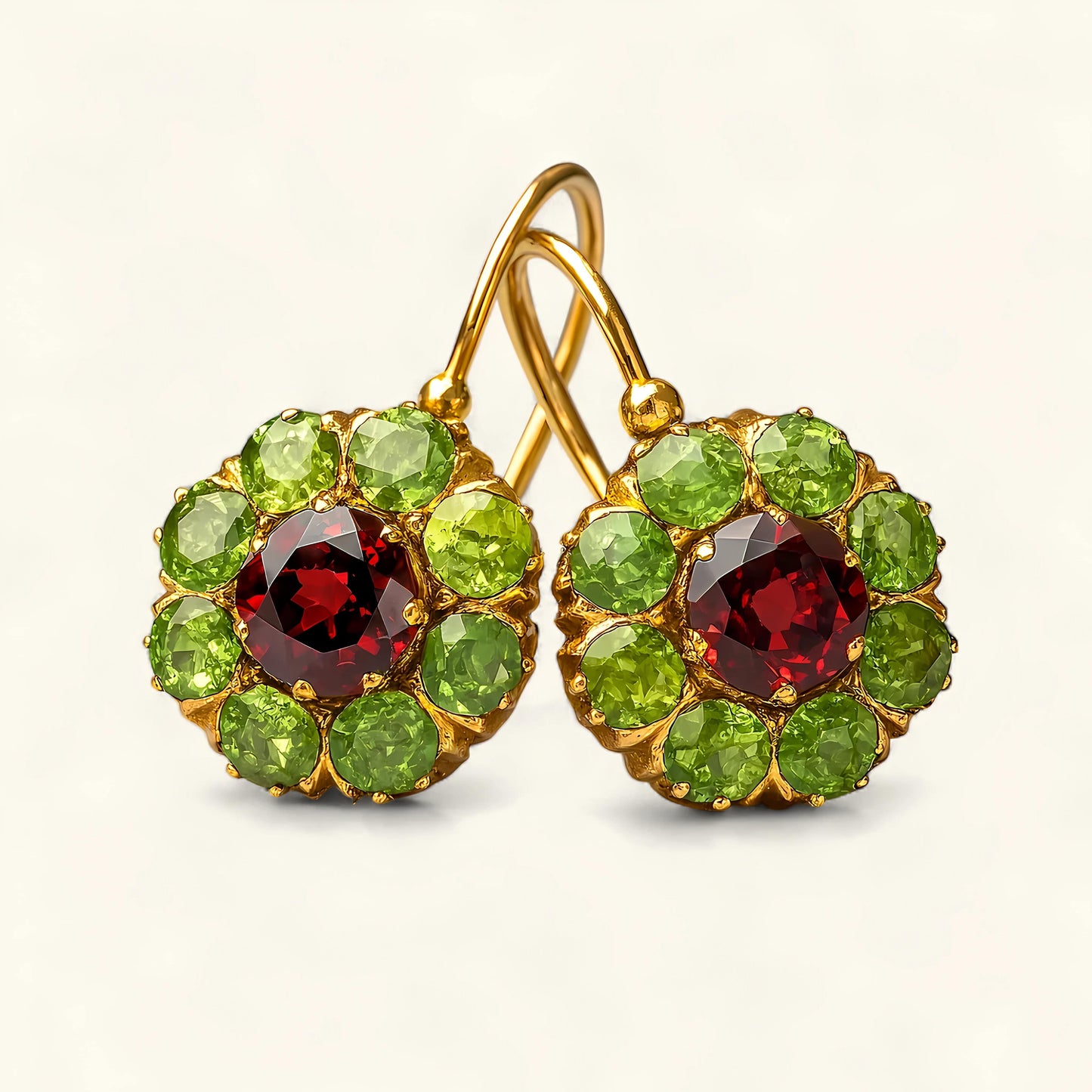 Boucles d'Oreilles Vintage Rondes avec Cristaux Verts et Rouges