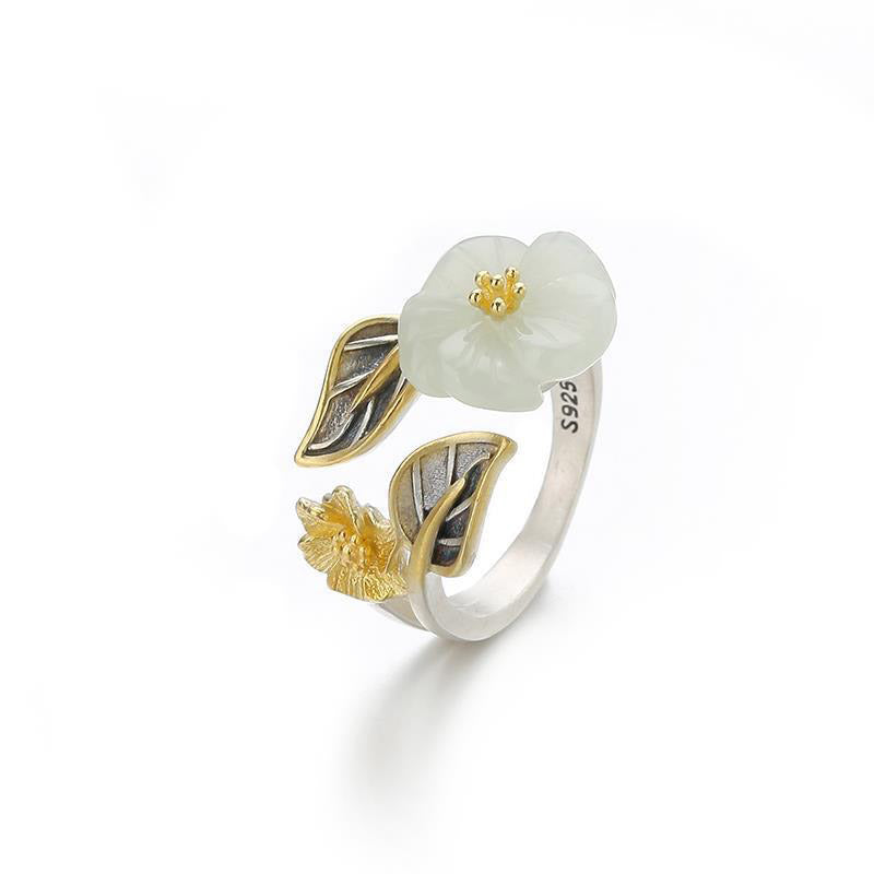 Bague fleur jade blanc plaqué argent – Lila
