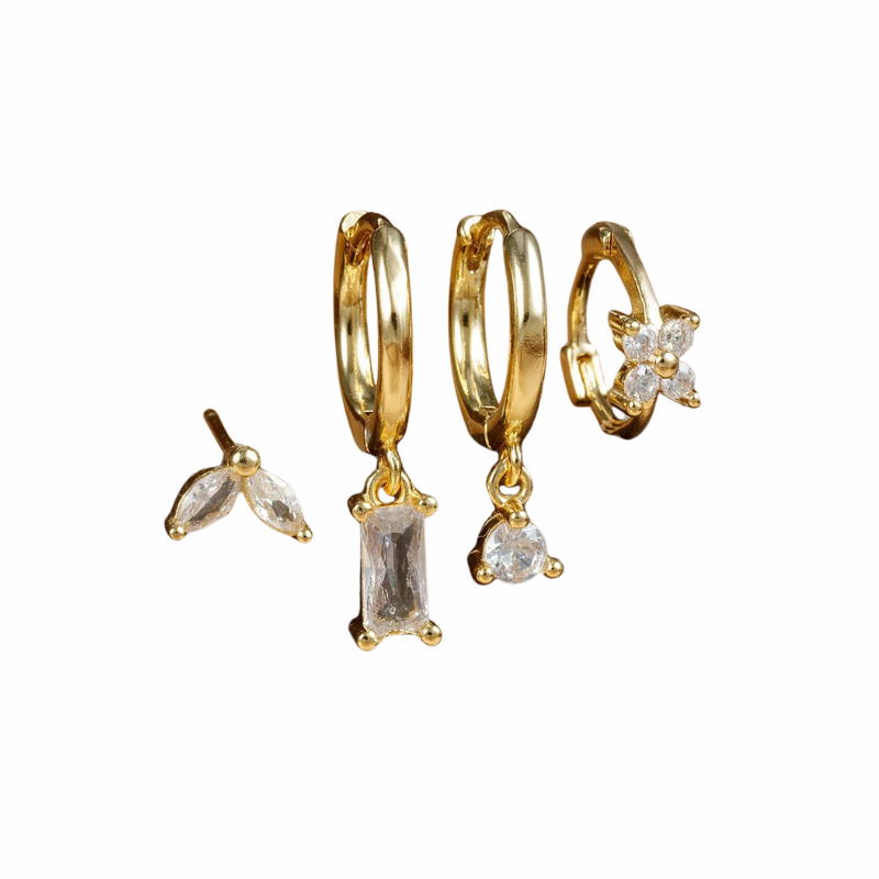 Set de Boucles d’Oreilles Carrées Fleur Dorées