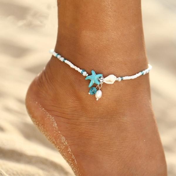 Chaîne de cheville perles turquoise étoile de mer – Lila