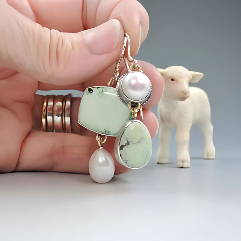 Boucles d'oreilles géométriques avec perles vertes et blanches, plaqué argent