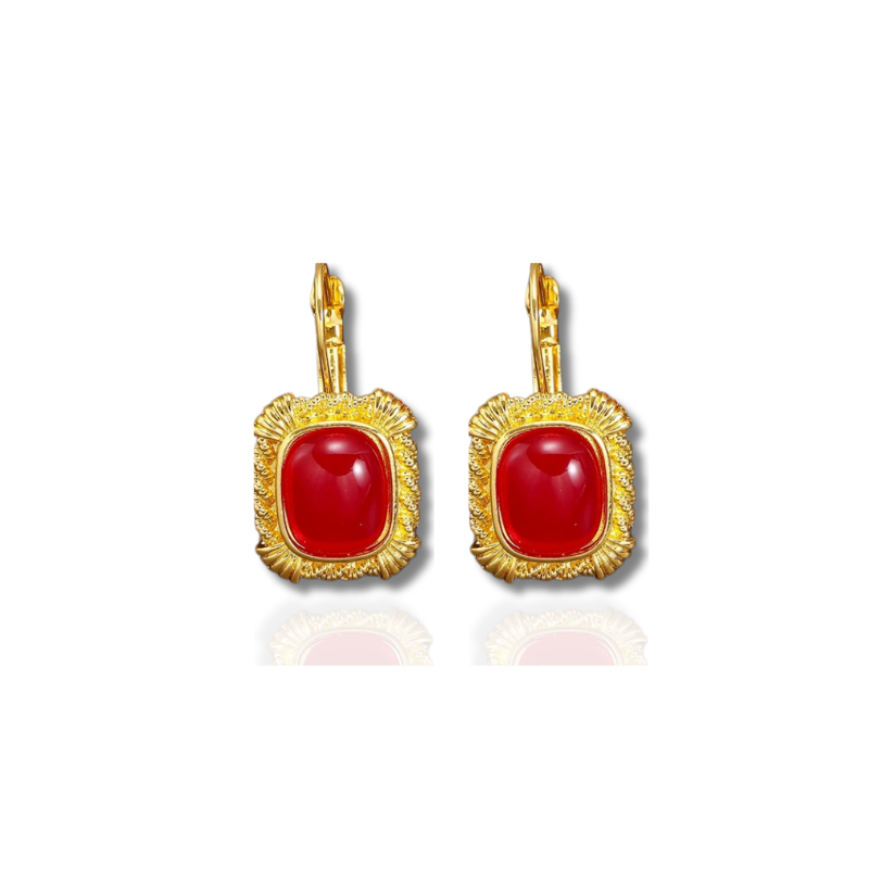 Boucles d'oreilles vintage dorées avec pierre précieuse rouge plaqué or