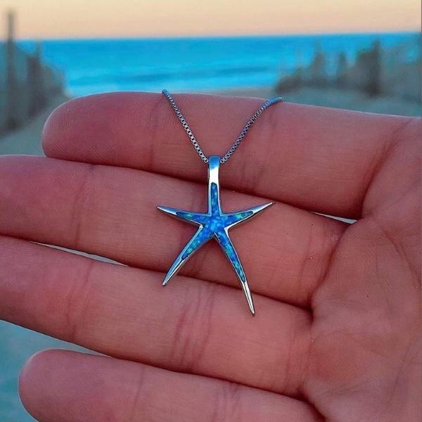 Collier pendentif étoile de mer opale bleue argent – Léo