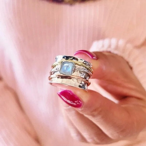 Bague superposée pierre de lune argent or cuivre – Léo