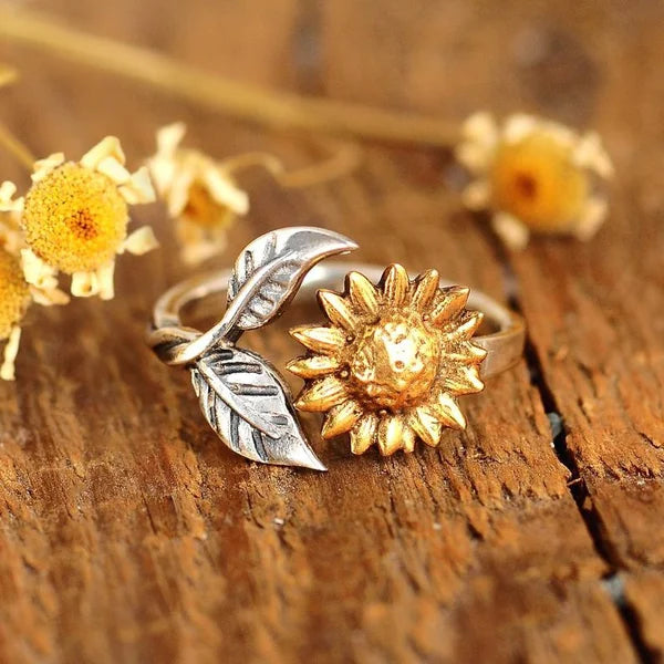 Bague tournesol plaqué or feuille argent – Léo