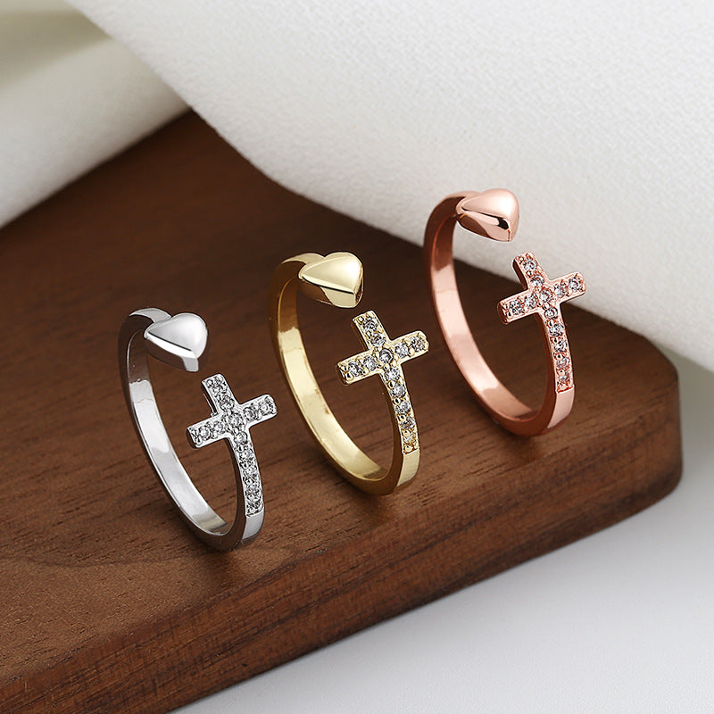 Bague ajustable cœur croix argent – Léa