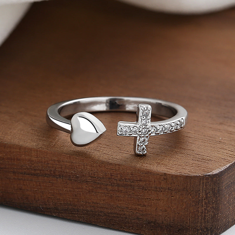 Bague ajustable cœur croix argent – Léa