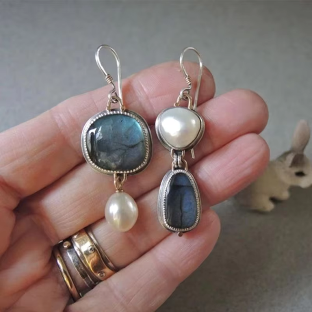 Boucles d'Oreilles Vintage en Pierre Précieuse Bleue Argent