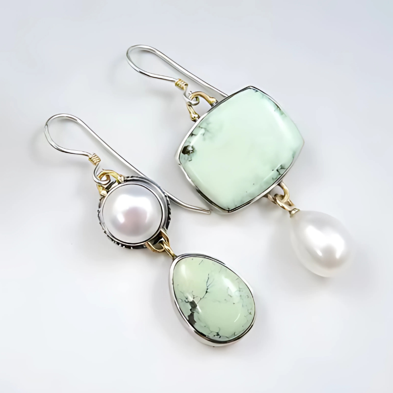 Boucles d'oreilles géométriques avec perles vertes et blanches, plaqué argent