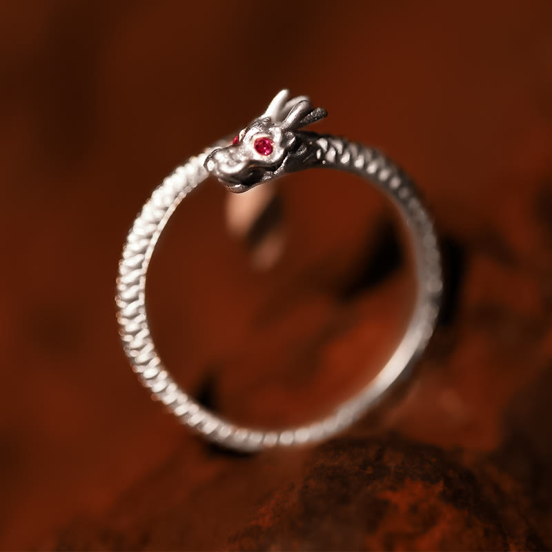 Bague ajustable dragon argent yeux rouges – Léo