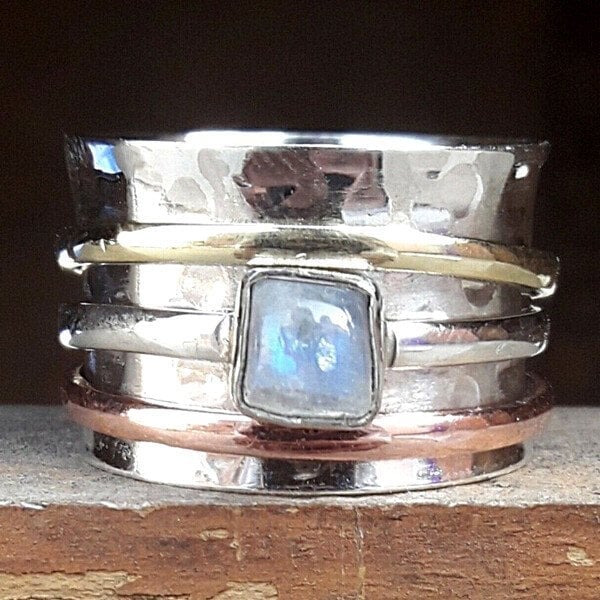 Bague superposée pierre de lune argent or cuivre – Léo