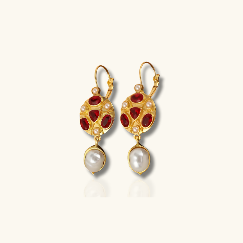 Boucles d'oreilles Goutte Dorée en Pierre Rouge