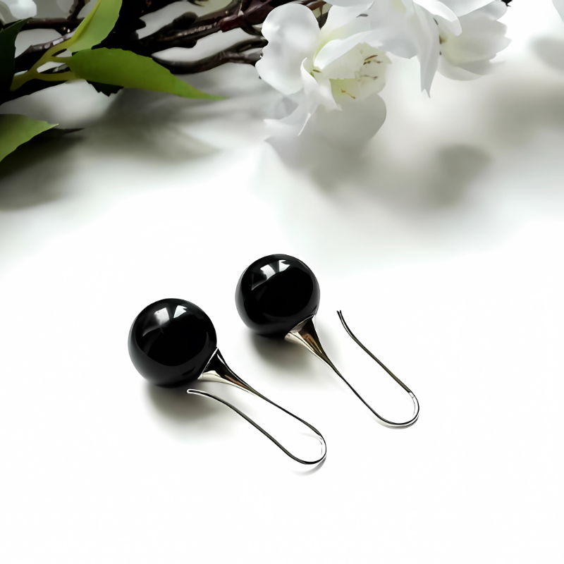 Boucles d'oreilles boules vintage noires plaqué argent