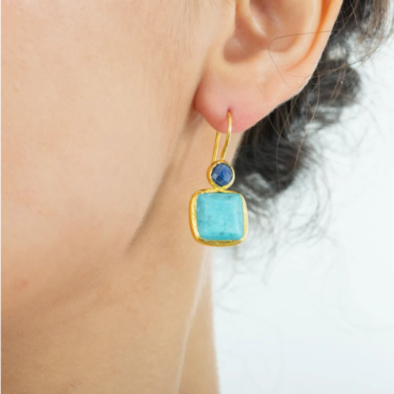 Boucles d'oreilles gouttes turquoise et lapis lazuli plaqué or