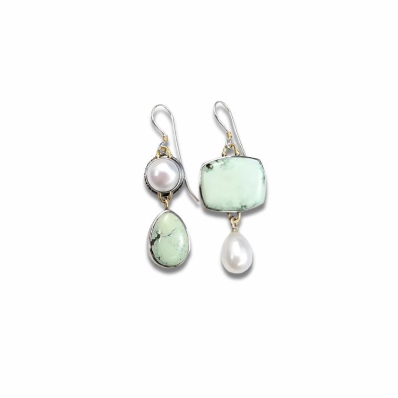 Boucles d'oreilles géométriques avec perles vertes et blanches, plaqué argent