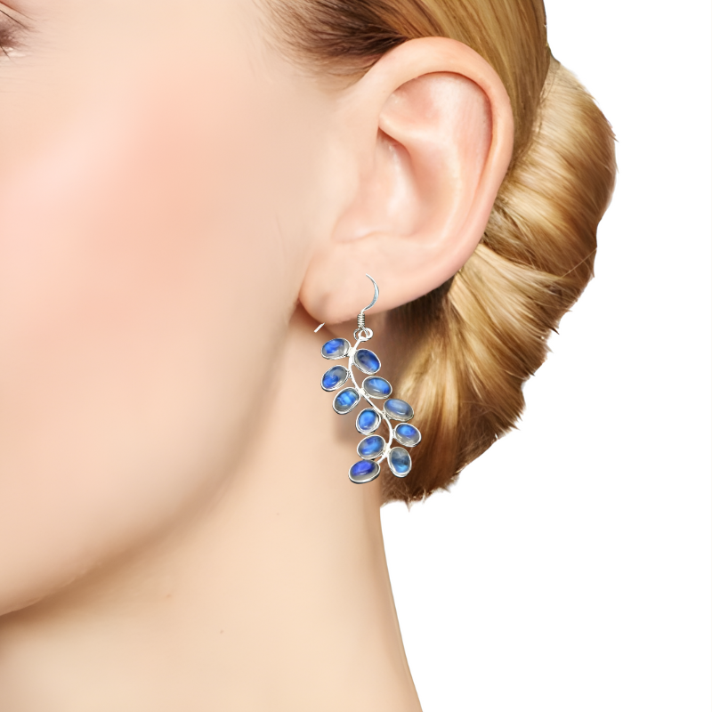 Boucles d'Oreilles Pendantes Feuilles de Plante et Pierre de Lune