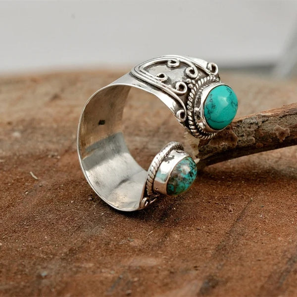Bague ajustable turquoise argent gravée – Inès