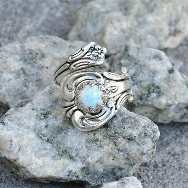 Bague ajustable argent opale blanche florale – Lila