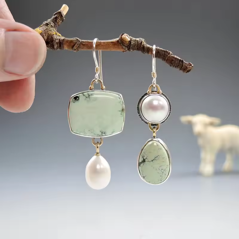 Boucles d'oreilles géométriques avec perles vertes et blanches, plaqué argent