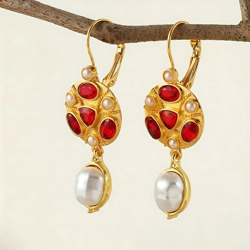Boucles d'oreilles Goutte Dorée en Pierre Rouge