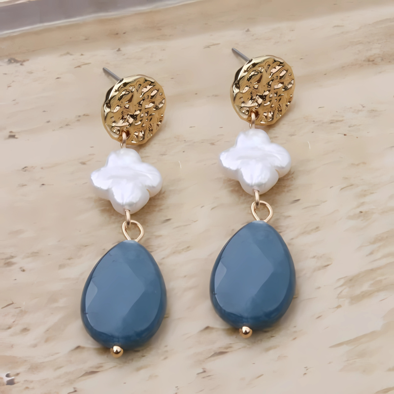Boucles d'oreilles gouttes perles et pierres plaqué or