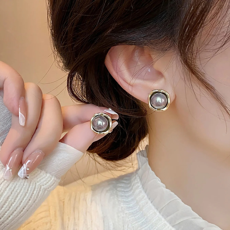 Boucles d'Oreilles Stud Perle Grise Vintage Classique
