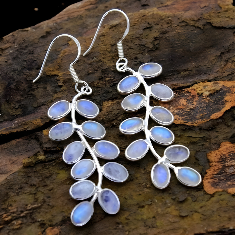 Boucles d'Oreilles Pendantes Feuilles de Plante et Pierre de Lune