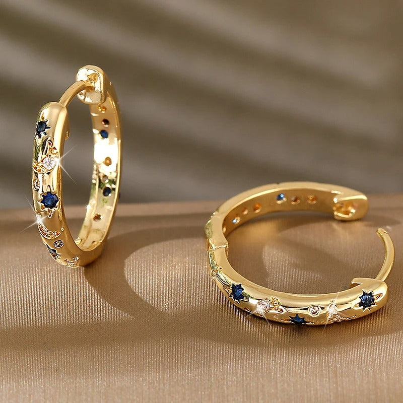 Boucles d'Oreilles Dorées Vintage avec Zirconia Bleue